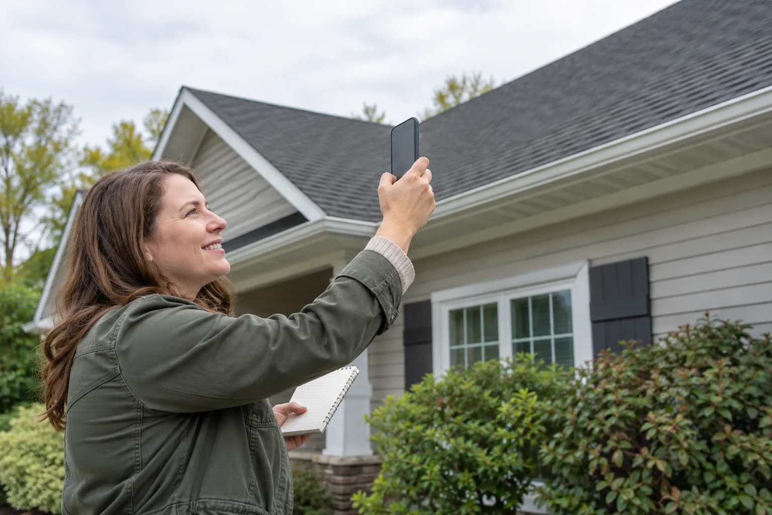 A homeowner in the Hamel area taking photos of roof shingles from the yard